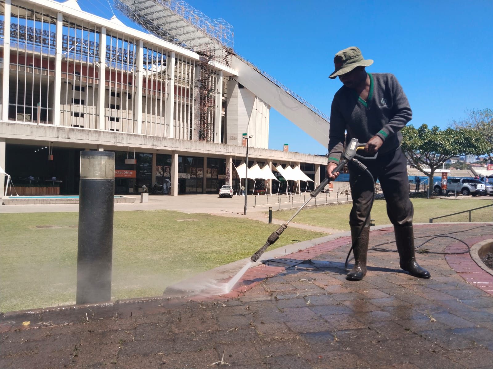 IntuServe pressure-washing operations at Moses Mabhida Stadium