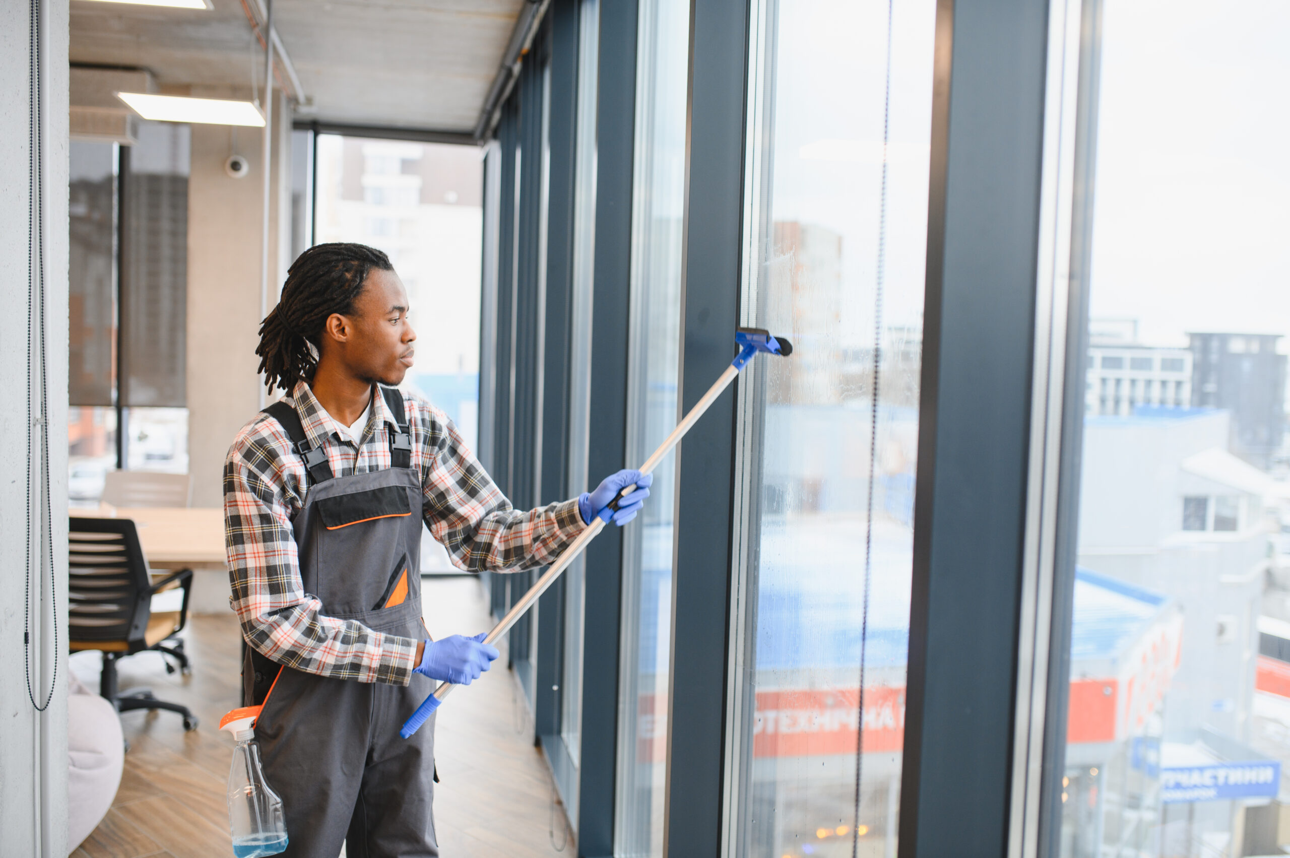 Commercial window cleaning in a modern workplace